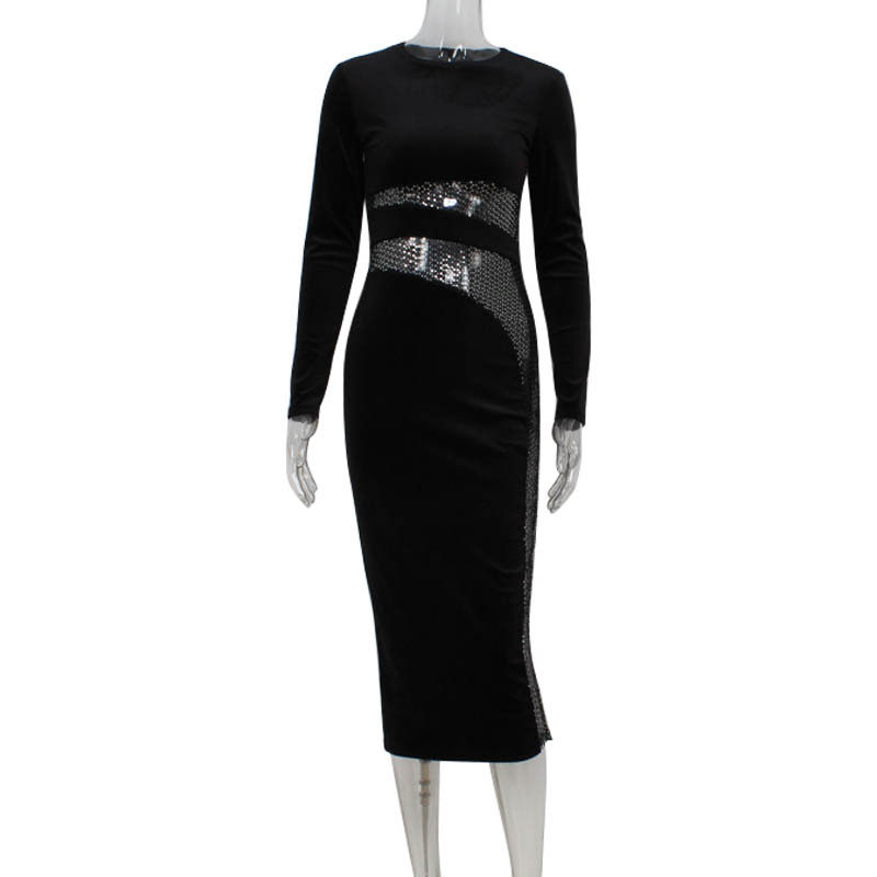 Velvet Bodycon Dress Sequin Patchwork Slim Fit Elegant Long Style Perfect for Autumn and Winter Events Wholesale