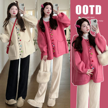 Internet Celebrity Fashion Autumn and Winter Loose Thickened Candy Color Sweater Jacket Base Shirt Pants Trendy Mom Pregnant Women Three-Piece Set