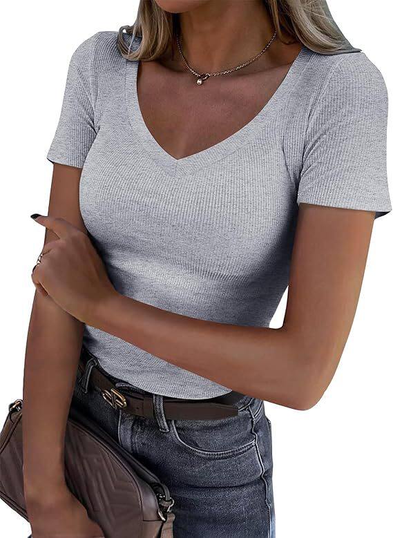 跨境亚马逊新款欧美爆款螺纹坑条修身长款长袖性感V领休 闲女T