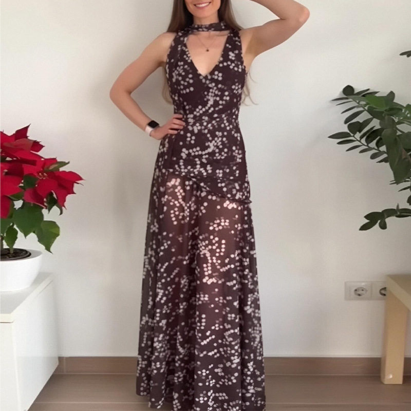 Elegant Womens Dress High Quality Fabric Floral Print V Neck Backless Design Perfect for Vacations Wholesale