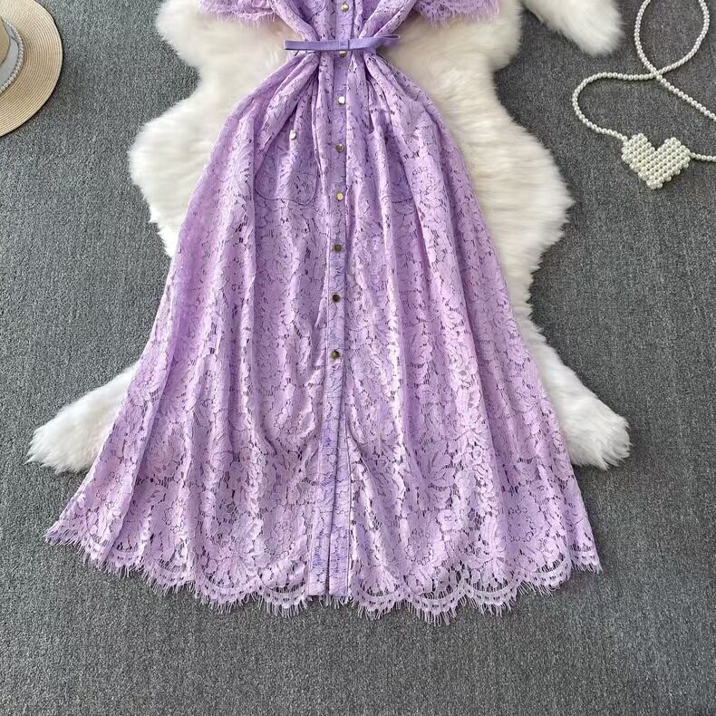 Elegant French Style Womens Dress Summer Collection Slim Fit Single Breasted Lace Detailing Long Length