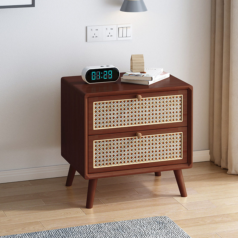 Rattan Bedside Table Solid Wood Cherry Walnut Color Solid Wood Color Nordic Simple Style Mini Wooden Storage Cabinet