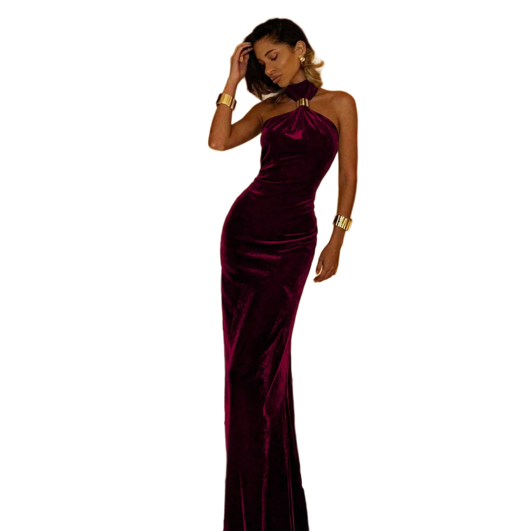 Velvet Backless Maxi Dress Metal Buckle Waist Defining Elegant Fit Evening Wear Special Occasions Wholesale