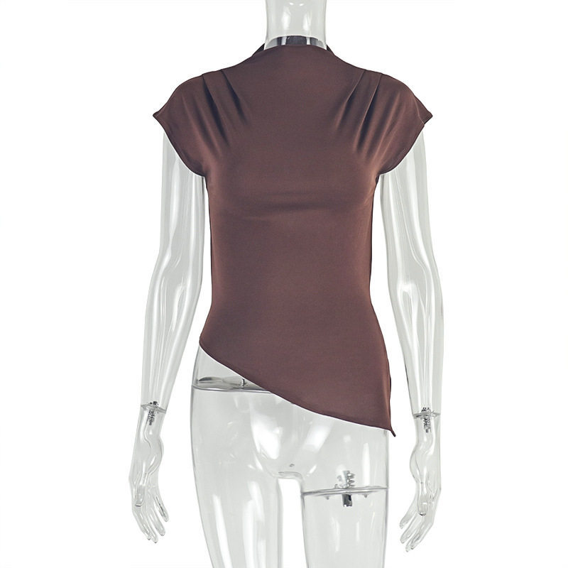 Asymmetrical High Neck Short Sleeve T Shirt Slim Fit Solid Color Summer Fashion Casual Wear for Women OEM Available