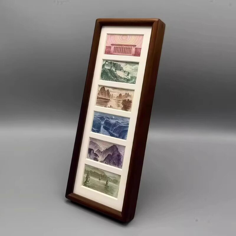 Photo Frame Set of Six Black Walnut Chinese Yuan Fortune-Enhancing Gold Picture Frame Display Decoration Set of Six Photo Frames Beautiful Scenery