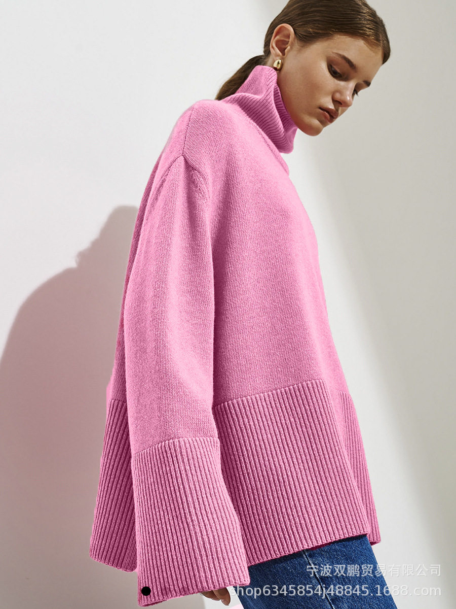 Loose Fit Turtleneck Sweater Solid Color Knitted Split Hem Autumn Winter Womens Fashion Wholesale Available