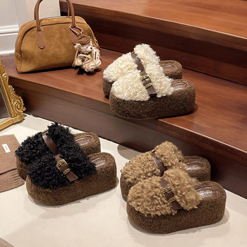 5cm Retro Thick-Soled Furry Slippers for Women's Outer Wear 2025 Autumn and Winter Korean Style Comfortable Curly Slippers Cotton Slippers for Women