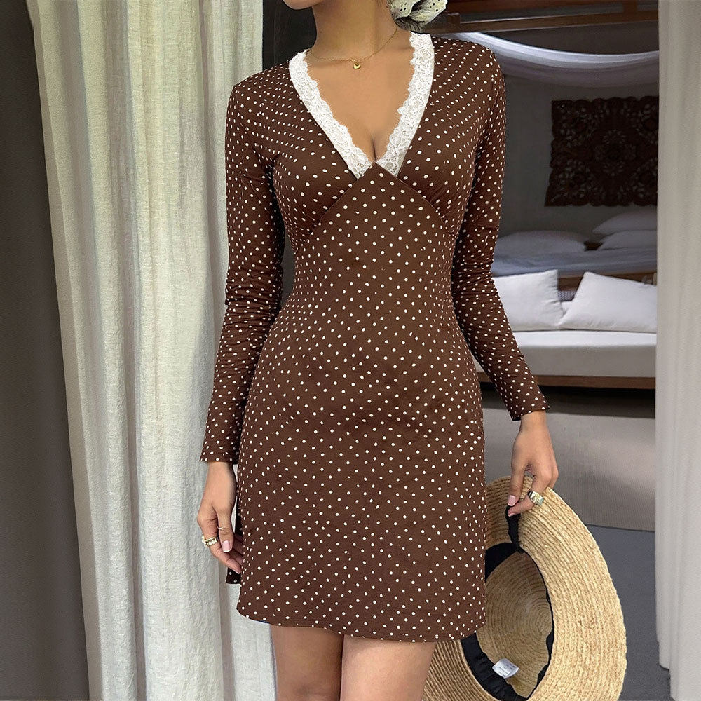 V Neck Lace Trim Polka Dot Bodycon Mini Dress Long Sleeve Spring Summer Style Wholesale Available