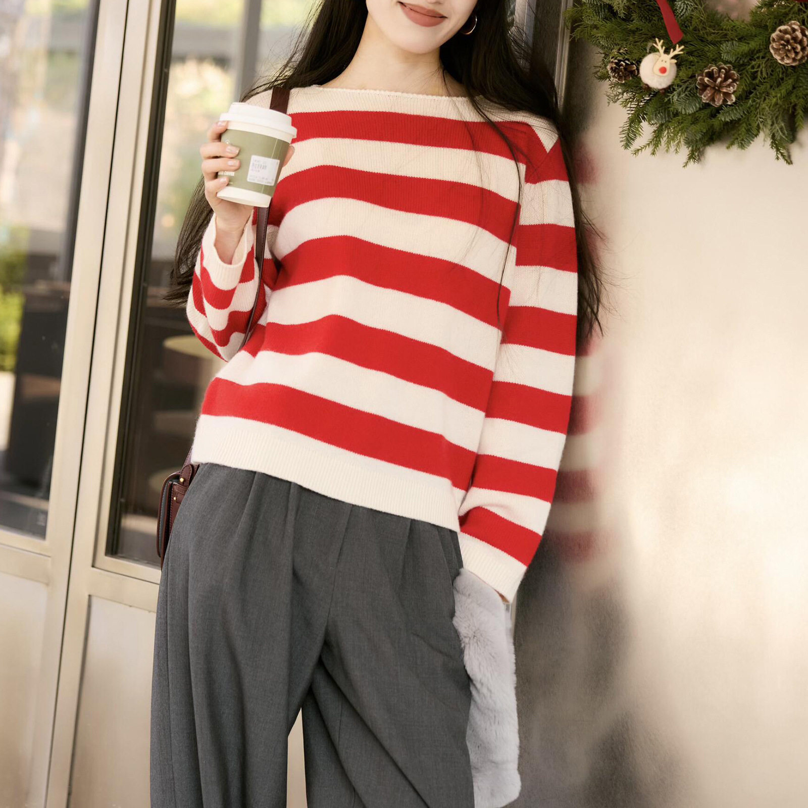 26早春新款羊毛撞色条纹针织衫新年绝美超好看的打底衫女毛衣上衣