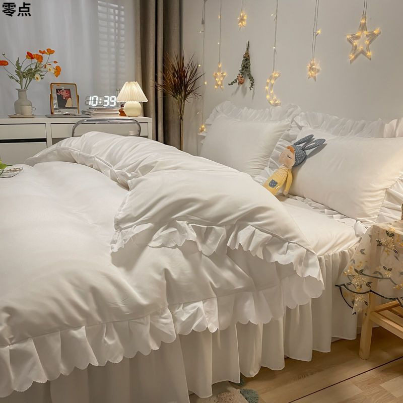 Girly Pink Washed Cotton Four-Piece Princess Style Lotus Leaf Lace Quilt Cover Bed Sheets Bed Skirt Dormitory Three-Piece Set