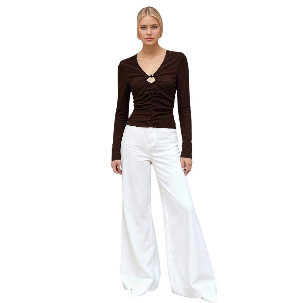 Vintage Brown V Neck Long Sleeve Top for Women Slim Fit Ruffled Design Knitted Fabric Perfect for Casual Wear