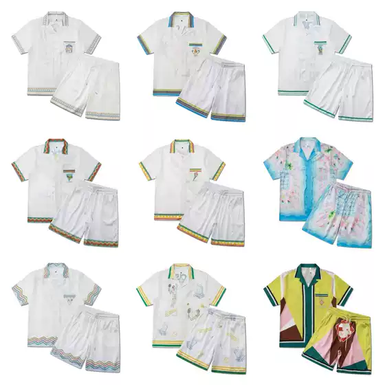 Foreign Trade European and American Casual Hawaiian Beach Printed Short-Sleeved Shirt Cuban Collar Retro Vacation Shorts Two-Piece Set