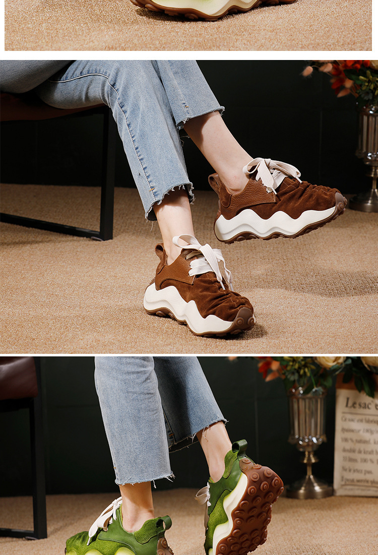 Giày sneaker nữ da bò thật đế dày phong cách thể thao dây buộc — màu nâu, màu xanh lá cây