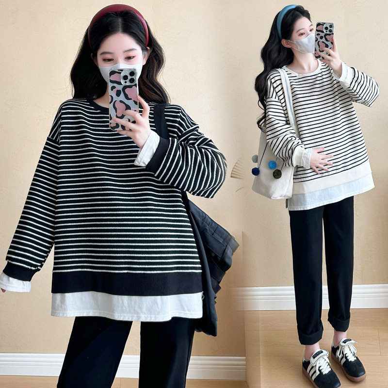 2024 New Pregnant Women Autumn and Winter Thickened Fake Two-piece Stripe Stitching Loose Casual T Sweater/Velvet Sweater