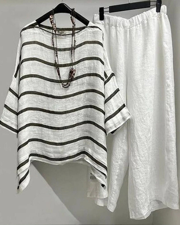 Womens Striped T Shirt and Long Pants Set Casual Style Round Neck Short Sleeve Spring Summer Collection Wholesale