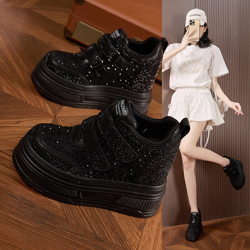 Giày sneaker nữ đế dày chunky trắng phối lưới thoáng khí gót 12 cm — Trắng, Đen