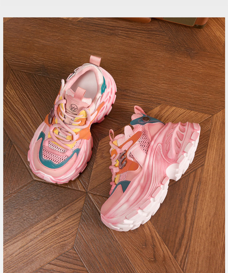 Giày sandal nữ cao gót mũi tròn quai ngang đế dày thoáng khí — Xám lưới đơn, Vàng lưới đơn, Hồng lưới đơn chi tiết 24