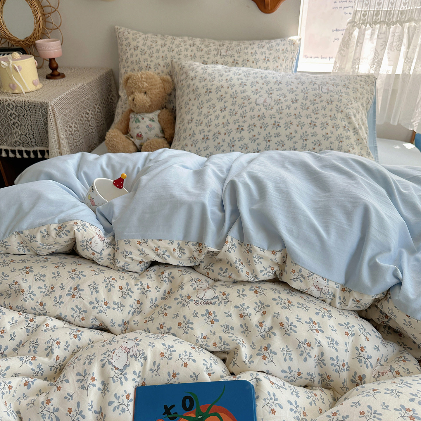 Super Soft Class a Maternal and Infant Grade Washed Cotton Four-Piece Set Ins Pure Cotton Small Fresh Bed Bed Sheets Quilt Cover Student Dormitory Three-Piece Set