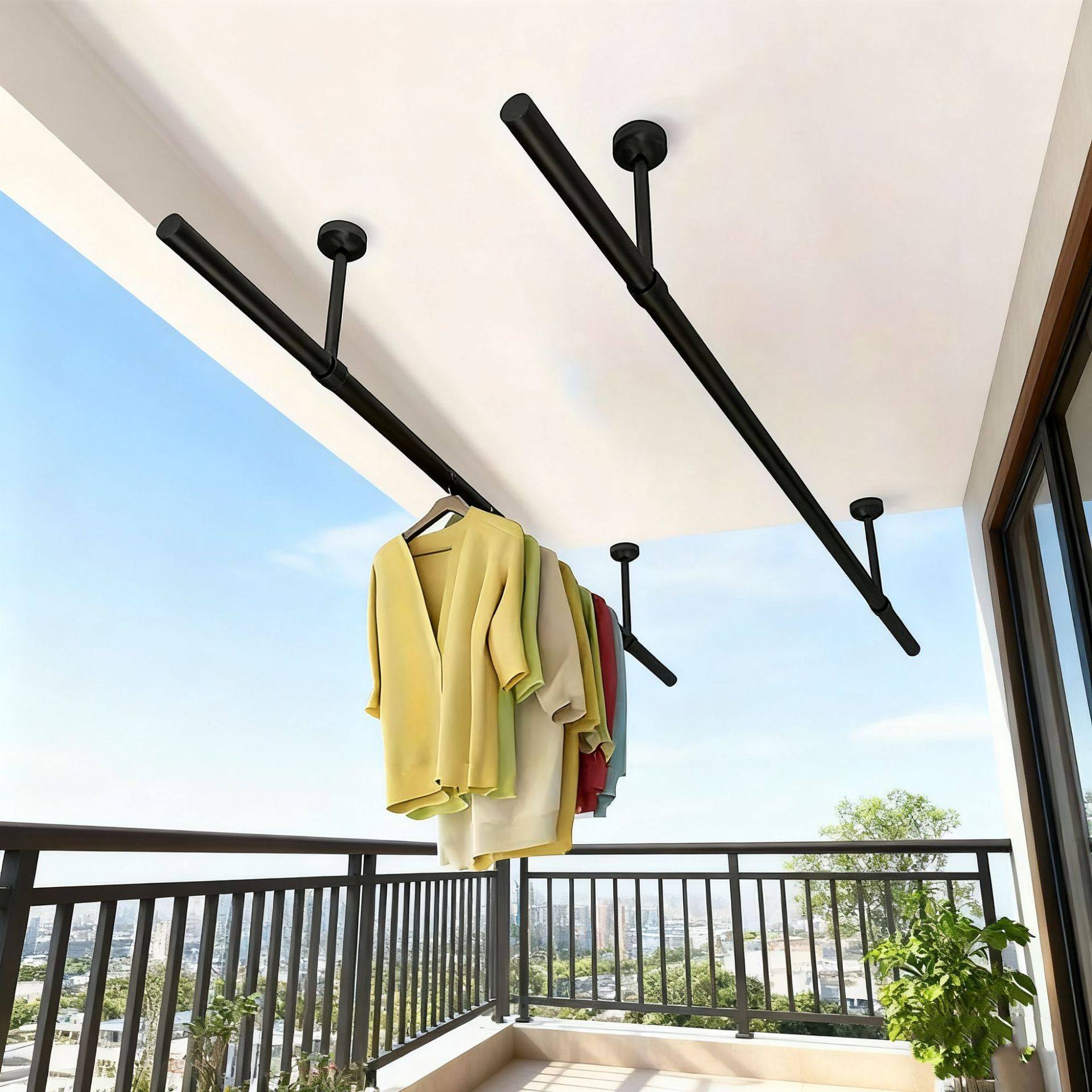 Cross-Border New Style Splicable Clothes Drying Rod Balcony Top-Mounted Hanging Fixed Clothes Drying Rod Black and White Rust Steel Clothes Drying Rod