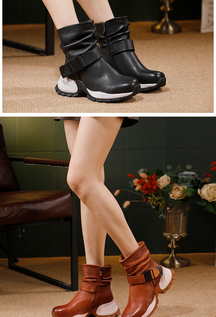 Boot nữ cổ thấp da bò thật phong cách thể thao, gót vuông khóa kéo bên — đen, nâu