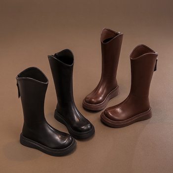 Girls' Boots Kidsren's Long Boots 2025 New Autumn and Winter Baby Girl Princess Fleece-Lined Martin Leather Boots Black