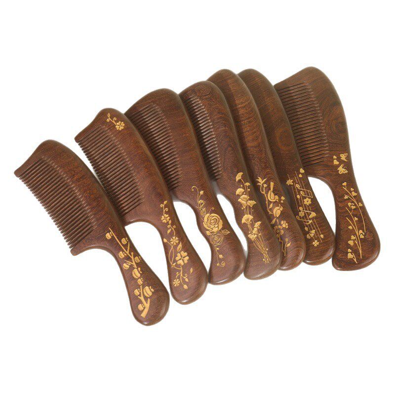 厂家直销鎏金黑金檀木梳子批发整料加厚制作刻印LOGO礼盒装按摩梳