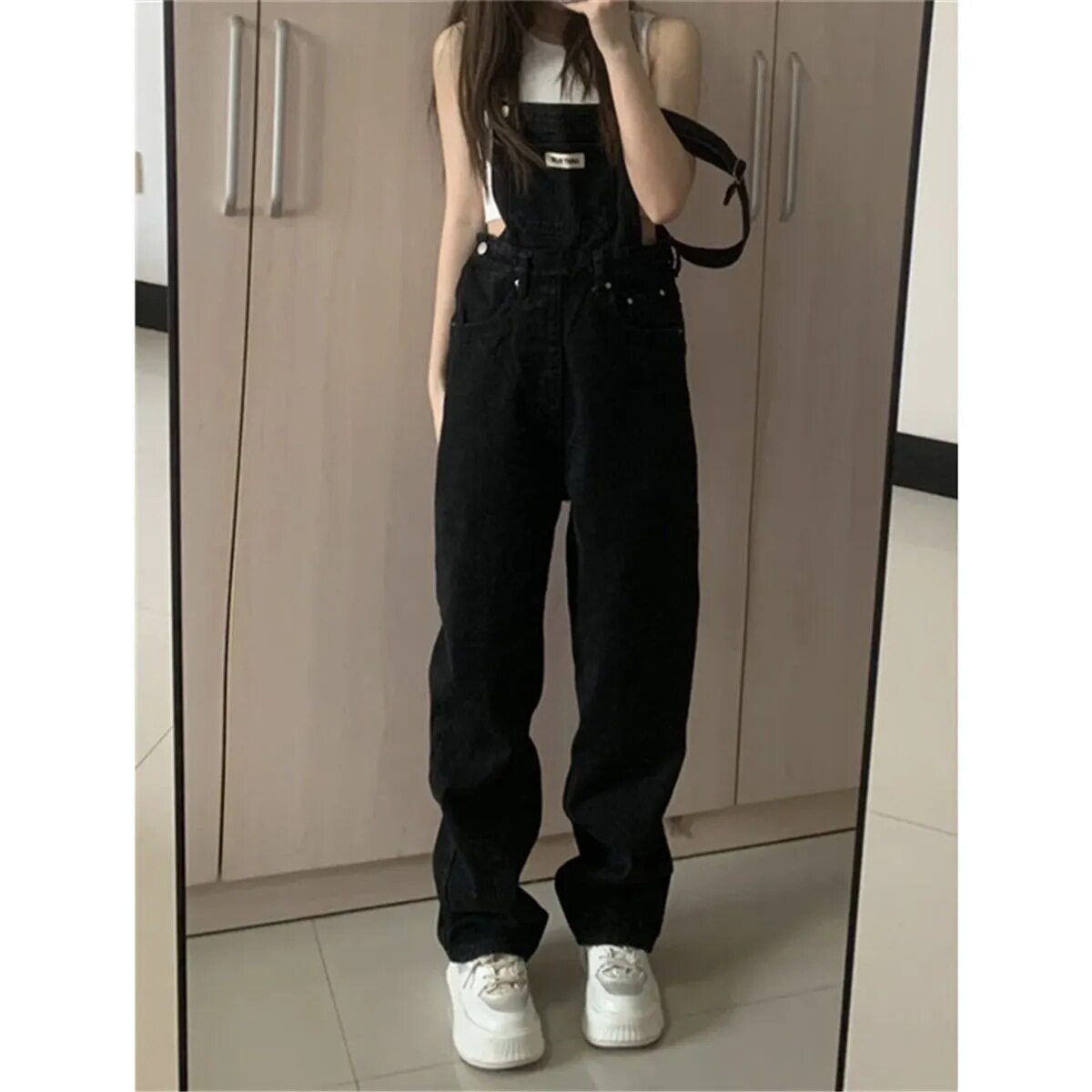 Vintage Black Denim Overalls for Women High Waist Loose Fit Straight Leg Casual Spring Fall Style Wholesale
