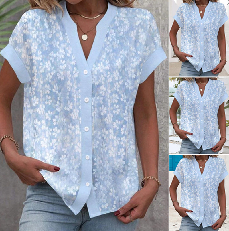 Summer Floral Print V Neck Short Sleeve Button Top for Women Trendy Design Comfortable Fabric Versatile Style