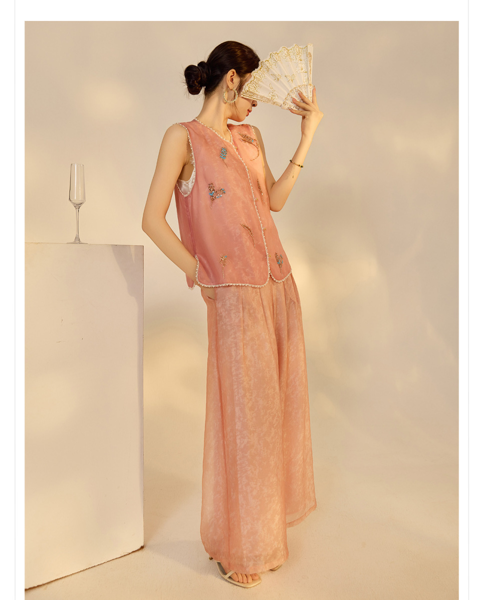 Set gile thêu đính cườm kèm quần dài nữ phong cách thanh lịch — Quần dài màu mơ, Quần dài màu xanh lục, Gi lê màu hồng, Gi lê màu xanh lục