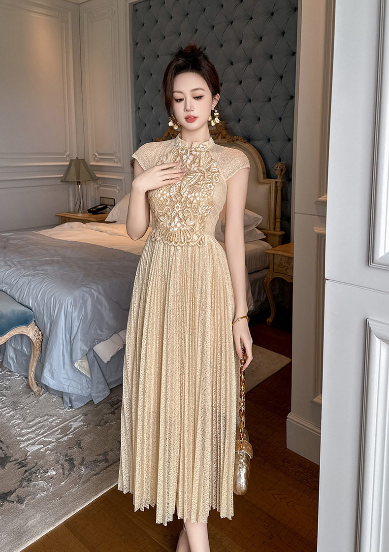 Đầm ren nữ tay ngắn xếp ly eo cao dáng suông midi — [Màu hồng đào] chi tiết 8