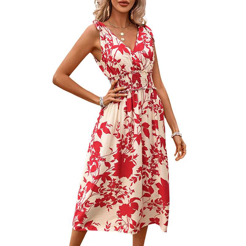 Sleeveless V Neck Floral Print Dress Red Beach Ready Lightweight Fabric Summer Vacation Style Wholesale Available
