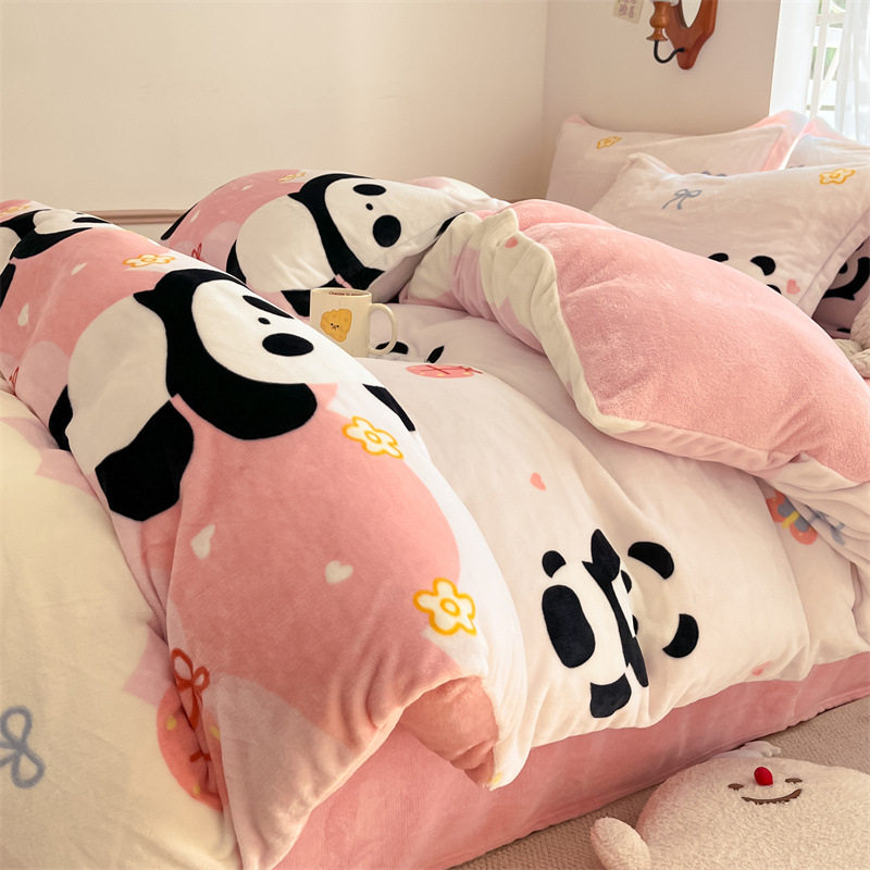 Winter Milk Velvet Four-Piece Dormitory Three-Piece Set, Warm and Thick Double-Sided Coral Fleece Printed Cute Duvet Cover and Sheet