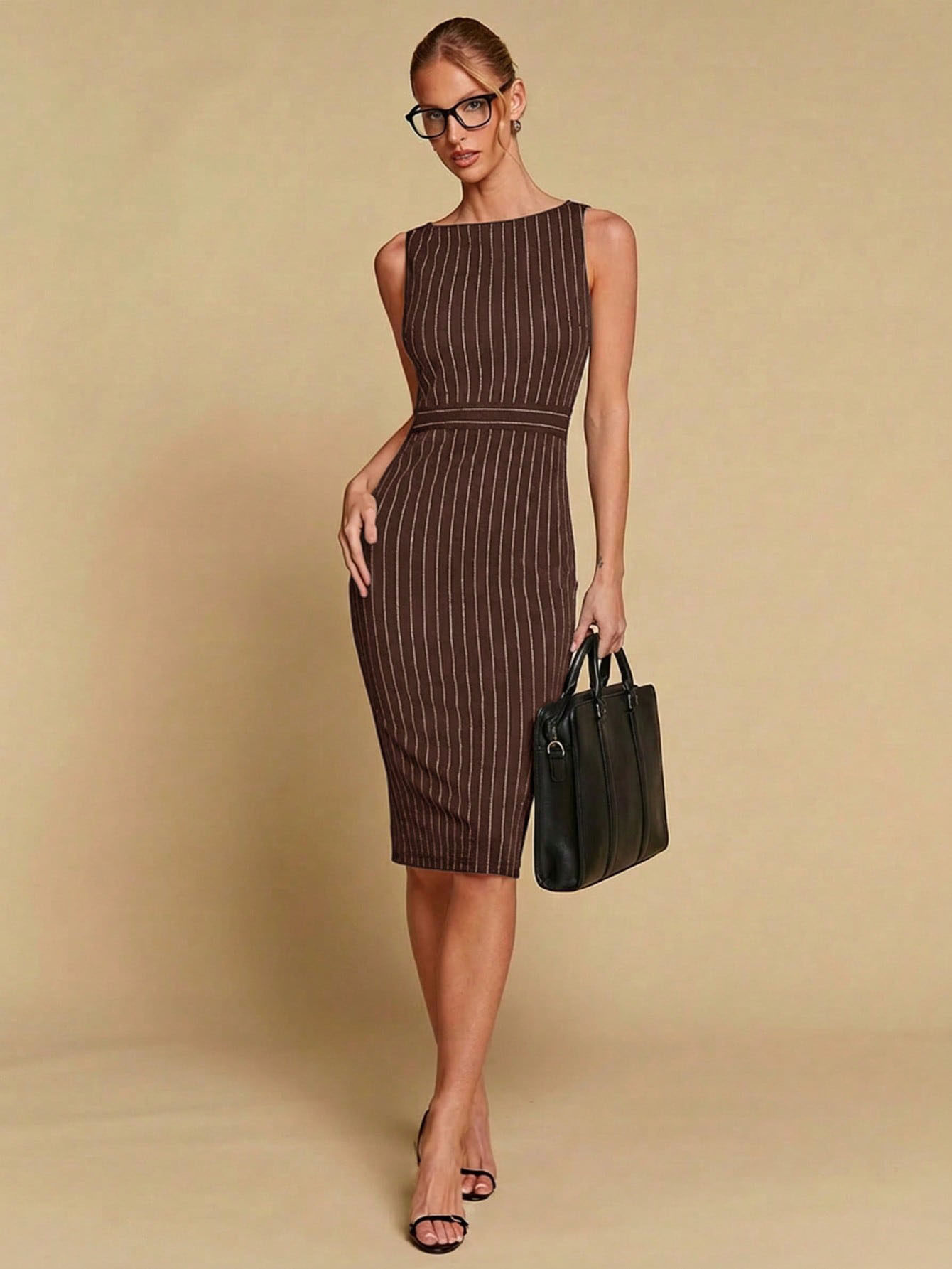 Fashionable Striped Bodycon Dress Sleeveless Waist Cinching Back Slit Mid Length Perfect for Parties and Events