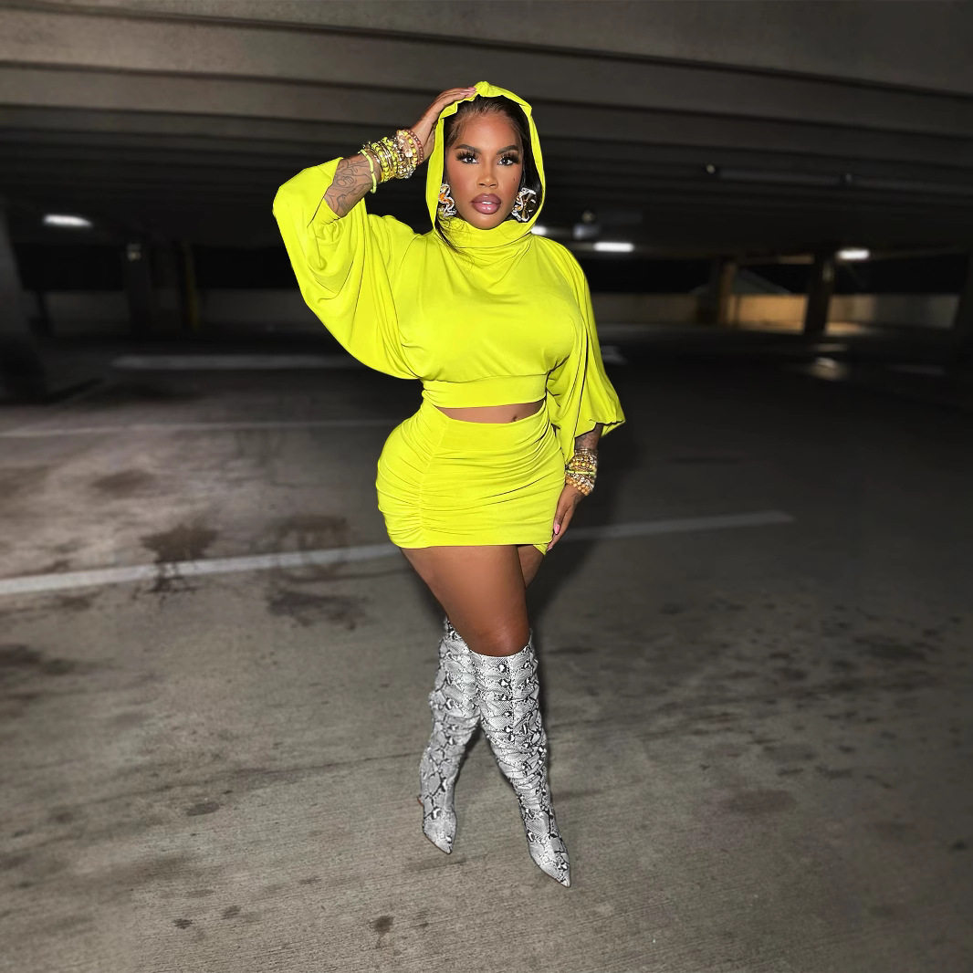 GL602 European and American Cross-border Spring and Summer Hooded Bubble Sleeve Navel Short Top Waist Pleated Bag Skirt Two-piece Suit