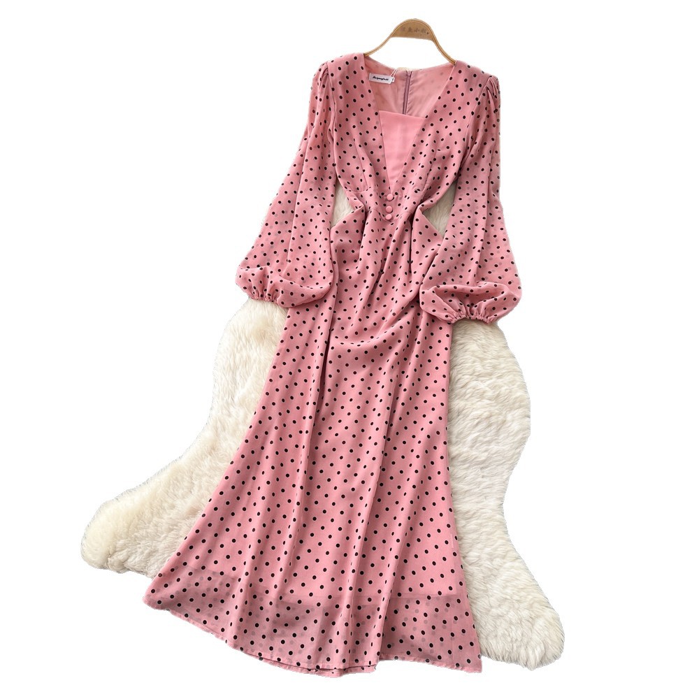 Vintage Polka Dot V Neck Puff Sleeve Dress Slim Fit Elegant Mid Length Summer Office Wear Wholesale Available