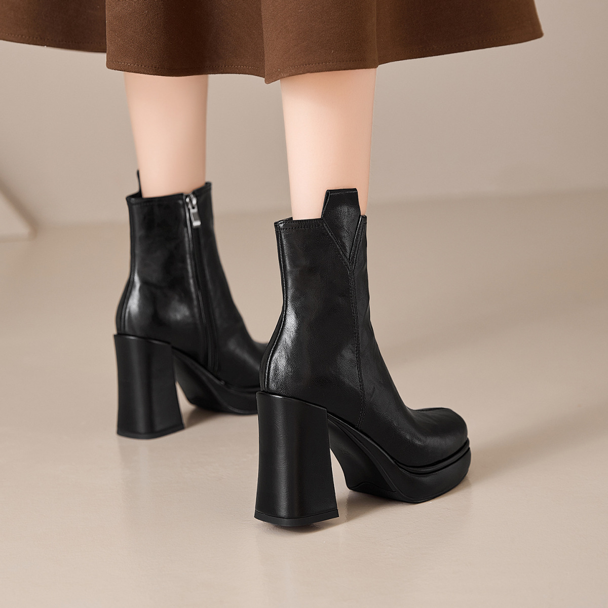 Boot nữ cổ thấp gót thô 10cm khoá kéo bên hông, da bò vân mềm phong cách Anh — Lớp lót đơn màu đen, Lớp lót đơn màu nâu, Lót nhung đen, Lót nhung màu nâu