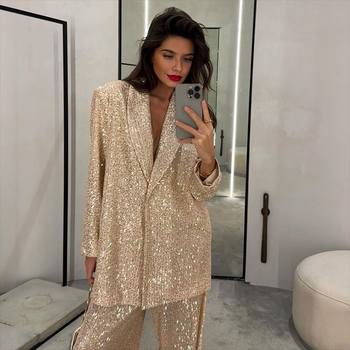 Cross-border European and American fashion casual women's sequined suit jacket trousers suit elegant sequined top pants