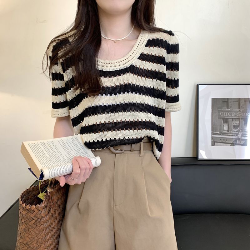 Vintage Striped Short Sleeve T Shirt Womens Summer Knit Top with Hollow Design Casual Wear for Everyday Use OEM
