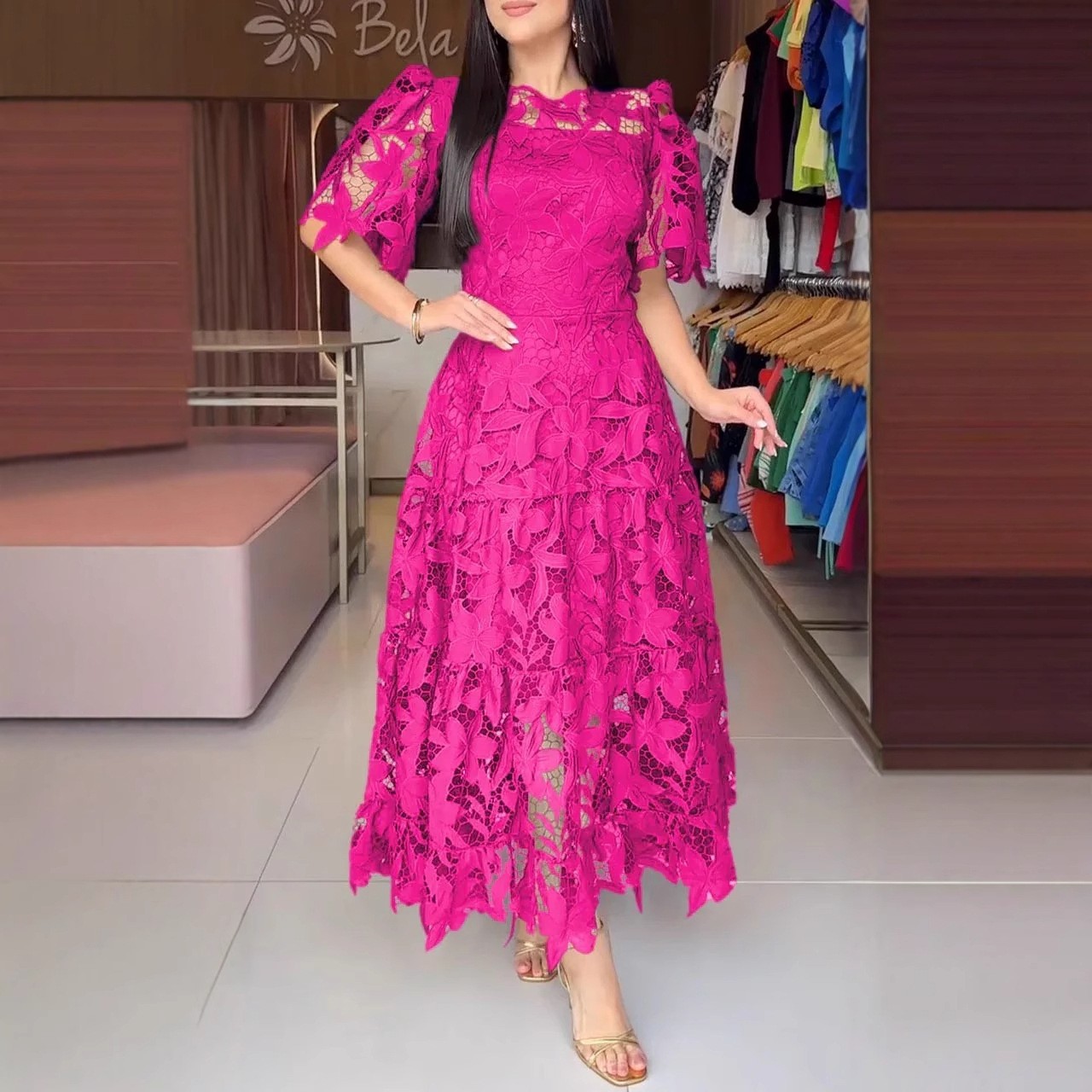 Summer Womens Lace Dress Elegant Hollow Design Round Neck Short Sleeve Perfect for Parties and Events Wholesale