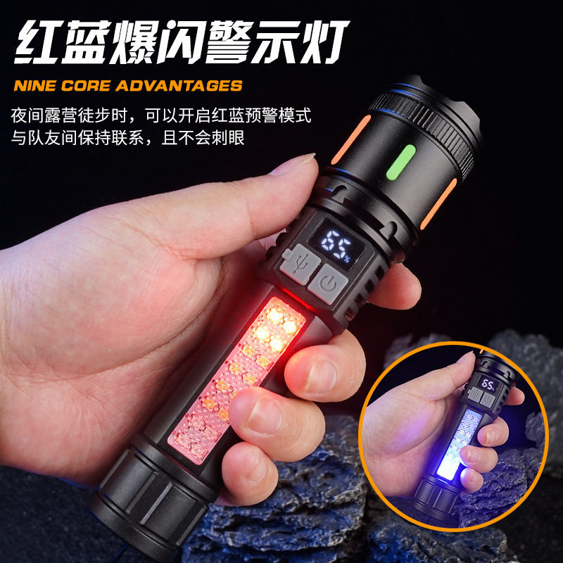 Strong Light Flashlight Typ-C Rechargeable Outdoor Lighting Flashlight with Side Light Emergency with Cob Warning Side Work Light