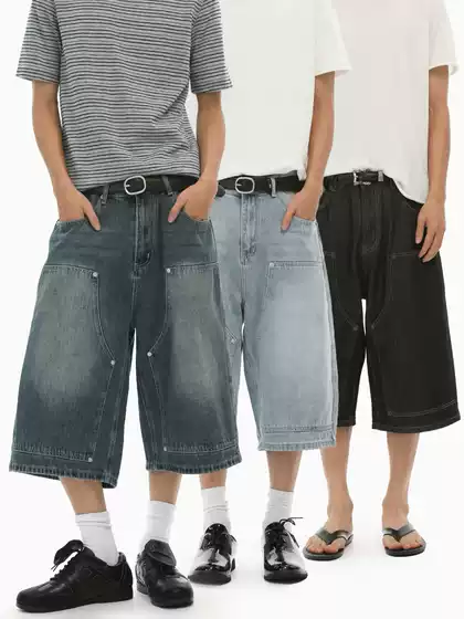 Mtlclothes Men's American Street Style Patchwork Distressed Straight-Leg Workwear Washed Denim Cropped Pants Loose Fit