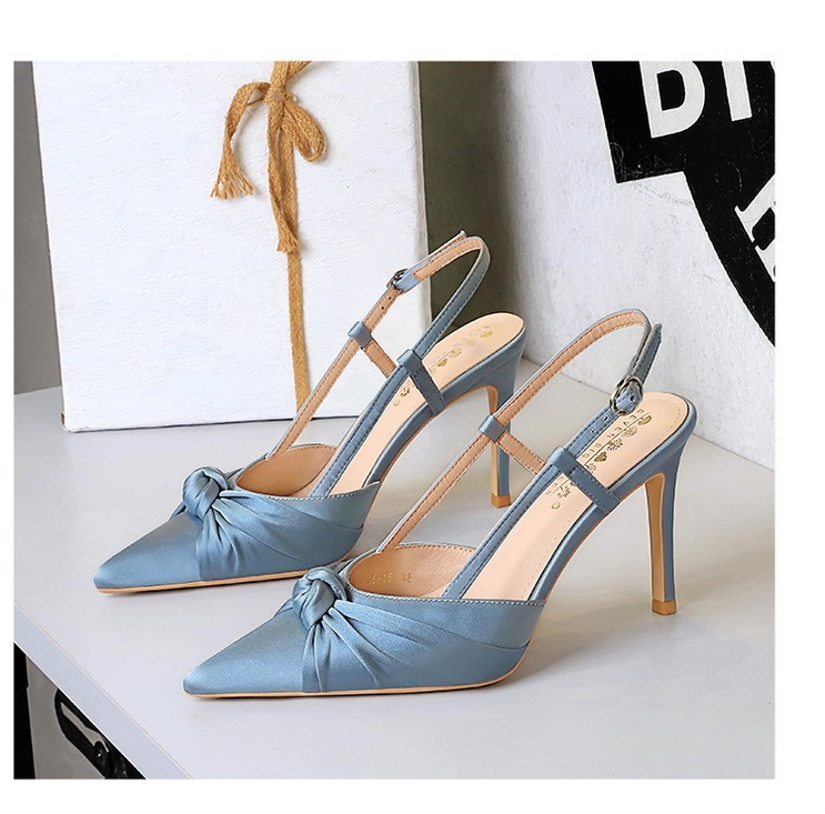 Giày cao gót nữ mũi nhọn gót nhọn 9cm mặt lụa satin thắt nơ phong cách dự tiệc — Màu đen, Màu đỏ rượu, Màu sâm panh, Màu xanh da trời