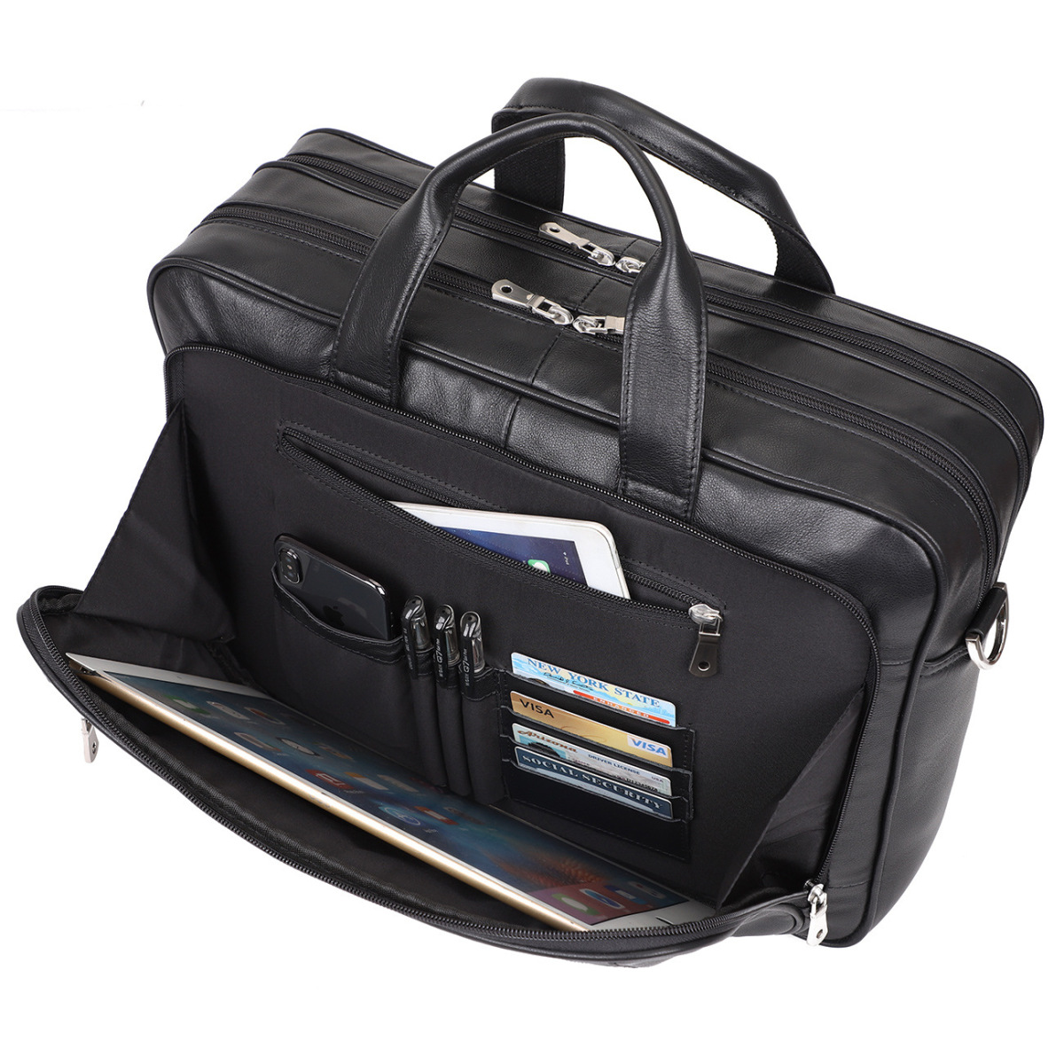 Cặp da thật nam công sở đựng laptop 17 inch dáng briefcase cổ điển — Da sáp dầu màu cà phê, Da Napa màu đen, Da ngựa điên Màu nâu sẫm (YKK), Napa đen (YKK)