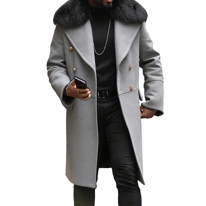跨境现货男装休闲大毛领呢子外套外贸纯色双排扣男士呢子大衣保暖