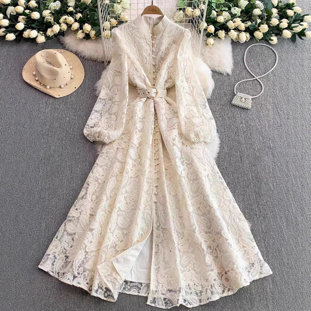 Elegant Womens Dress French Style Lace Slim Fit Button Closure Floral Embroidery Perfect for Formal Occasions