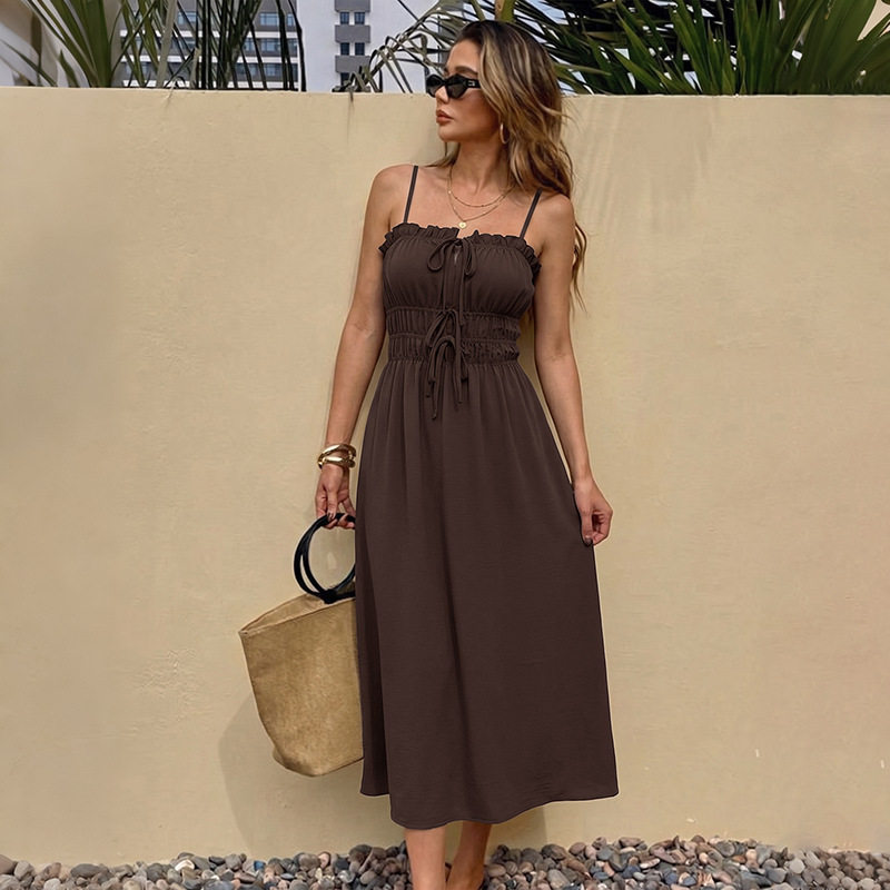 Simple Vintage Solid Color Drawstring Waist Cami Dress Elegant Design Comfortable Fit Perfect for Summer Events