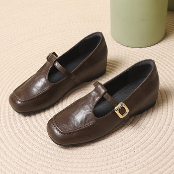 Retro Forest-Style Chestnut Brown Loafers, Slip-On Round-Toe Evening High-Heeled Flat Mary Janes, Cute and Quirky, for Spring and Autumn