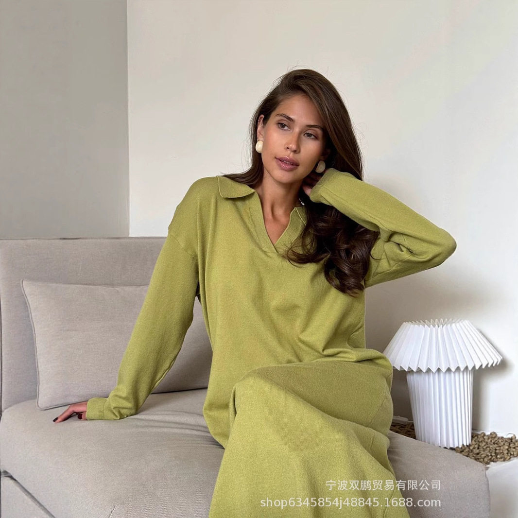 Long Sweater Dress Soft Fabric Scissor Collar Loose Fit Elegant Style Autumn Winter Fashion Wholesale Available