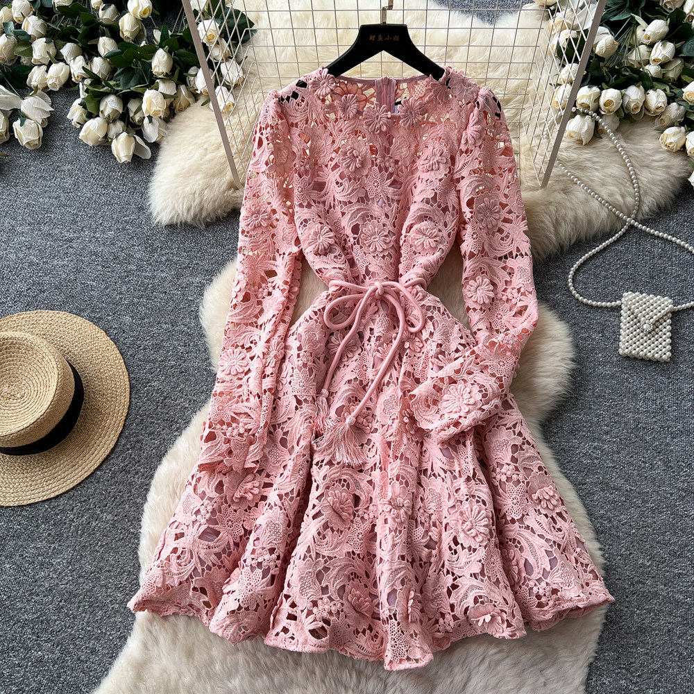 French Style Hollow Out Lace Dress Slim Fit Long Sleeve Waist Defining A Line Summer Elegance for Special Occasions