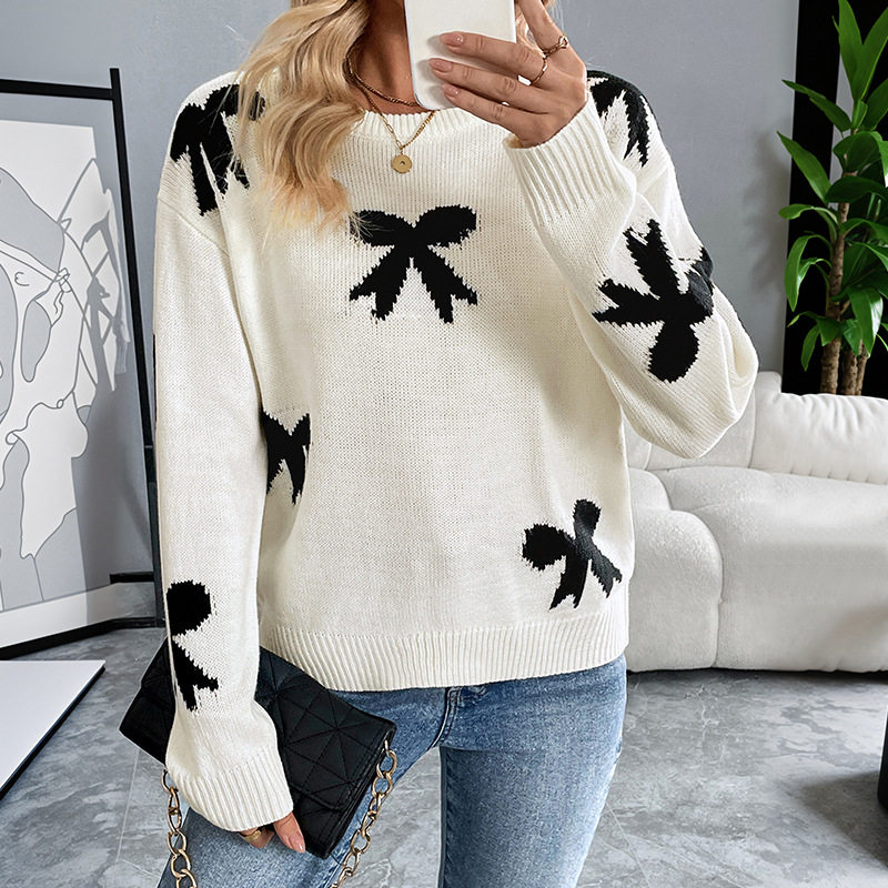 Sweet Floral Knit Sweater Round Neck Bow Detail Autumn Winter Style Perfect for Holiday Celebrations Wholesale
